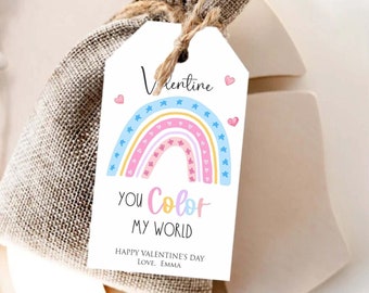 Regenbogen Valentinstag Geschenkanhänger, Valentine Sie färben meine Welt, Valentinstag Regenbogen Schule Tag, Kinder Valentine Tags, bearbeitbar