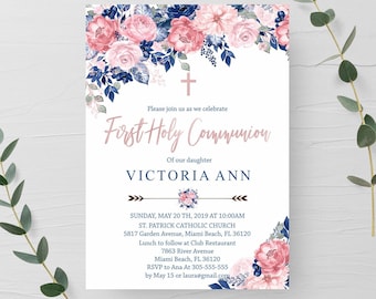 First Communion invitation Girl, Blush Pink and Navy printable invitation siblings, floral watercolor digital invite, Editable Template