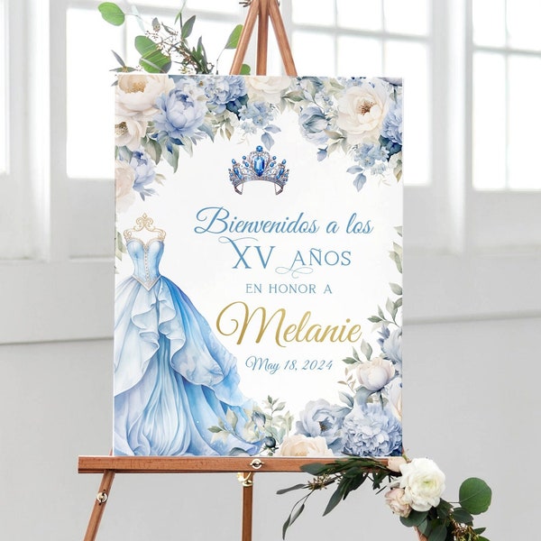 Quinceañera Printable Welcome Sign | Cinderella Theme  Editable Template | 15th Birthday Blue & Cream Decor | Sweet 15 Party Decor