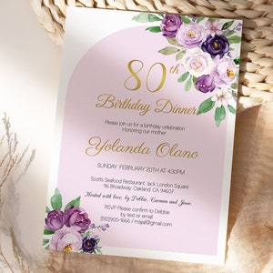 May include: A pink and white floral invitation with gold lettering for an 80th birthday dinner. The invitation includes the text "80th Birthday Dinner", "Please join us for a birthday celebration Honoring our mother Yolanda Olano", "Sunday February 20th at 4:30pm", "Scotts Seafood Restaurant Jack London Square 96 Broadway Oakland CA 94607", "Hosted with love, by Debbie, Carmen and Jesse", "RSVP Please confirm to Debbie (510) 900-1666 / majal@gmail.com by text or email".