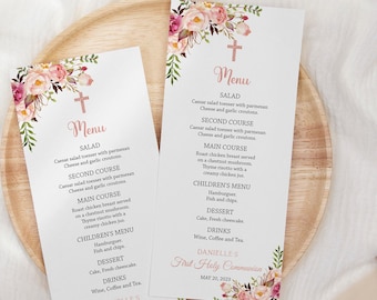 Girl First Holy Communion Editable Menu, Girl First Communion, Siblings Communion, Printable menu, Floral Blush Pink watercolor, FC08