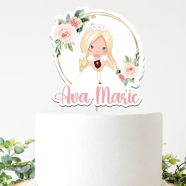 Cake Topper First Holy Communion, Girl First Holy Communion Printable Cake Topper, First Communion Decor, Blond Girl, Instant download, FC05