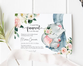 Elephant baby shower invitation Girl, A Little Peanut is on the way, Editable template, Newborn elephant baby, Printable Invite