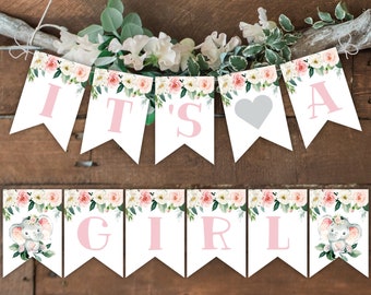 Elephant Banner it's a Girl baby shower, Baby shower decoration, Printable Banner, Instant download, Floral Watercolor