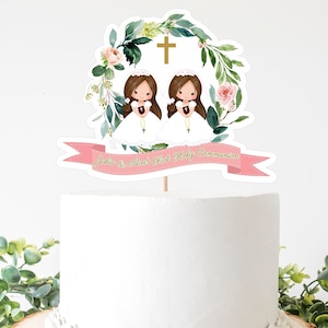 Printable First Holy Communion Cake Topper, Girl First Holy Communion Cake Topper, Greenery Centerpiece, 1st Communion Decor, Editable, FC04