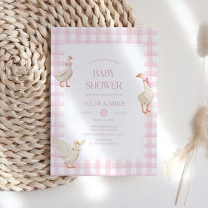 Goose Girl Baby Shower Invitation Template | Editable Pink Gingham Plaid Invite for Classic Baby Shower | Editable Digital Invitation