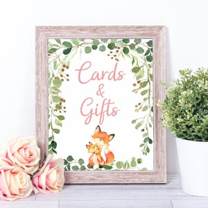 Woodland Fox Gifts & Cards sign, printable baby shower sign, Girl baby shower, woodland theme decoration, Fox mother and baby