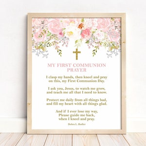 First Holy Communion Prayer, Girl Communion Prayer, Communion Decoration, Pink and Gold, Floral Watercolor, Instant Download, FC18