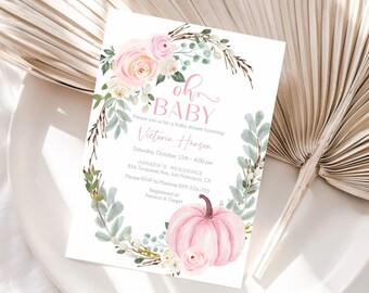 Fall Baby Shower Invitation Girl, Oh Baby Printable Invitation, Autumn Baby Shower Invitation template, Pink Pumpkin, Editable, BF107