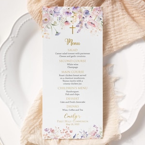 Modello di menu per la Prima Comunione stampabile, Menu per la Comunione con fiori di campo, Acquerello modificabile FC24