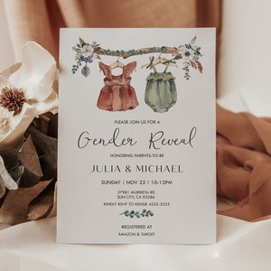 Faire-part de révélation de genre Boho, baby shower neutre en matière de genre, modèle d&#39;invitation de révélation de genre de vêtements de bébé vintage, Boho Reveal