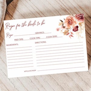 Fall Bridal Shower Recipe Card, Terracotta Floral Bridal Shower Recipe, Printable Recipe Card, Recipe for the bride to be, Instant download