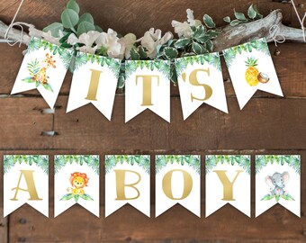 Banner it's a boy jungle baby shower, safari baby shower, shower decoration, printable banner, lion, jiraffe, elephant