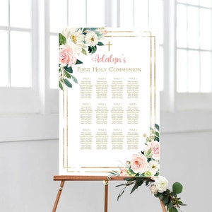 Holy Communion seating chart, girl first communion, editable seating chart, printable seating plan, Floral greenery, blush and gold