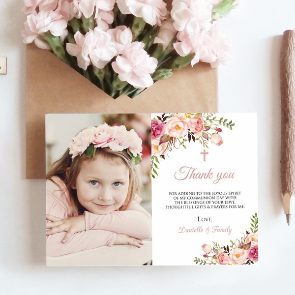 Tarjeta de agradecimiento de primera comunión, niña FOTO Primera comunión, tarjeta de agradecimiento imprimible, rosa de oro floral, plantilla editable, FC08