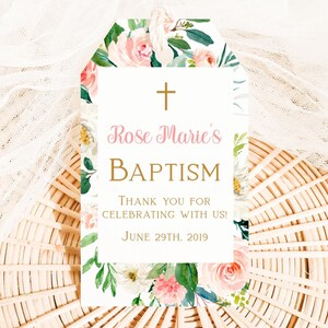 Girl Baptism Favor tag, Floral blush Pink printable favor tag, Baptism Label, Gift Tag Editable Template, Religious event for baby girl
