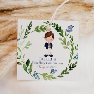 Boy First Communion Favor Tag - Greenery Wreath Gift Tags, Printable Navy First Communion Favors, Editable Square Tags, FC10
