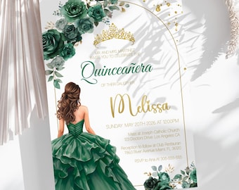 Emerald Green Quinceañera Invitation | Floral Boho Arch 15th Birthday Invite, Gold Tiara, Editable Digital Download, Printable PDF