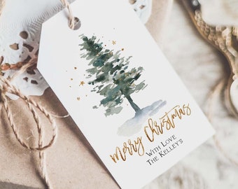 Christmas Gift Tag Printable, Holiday Label, Watercolor Pine Tree Favor Tag, Editable Template, DIY, Instant Download, CHR01