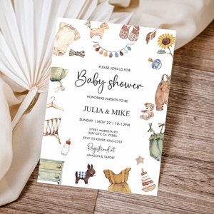 Gender Neutral Baby Shower Invitation Template, Boho Baby Shower Invitation, Bohemian Reveal, Baby Clothes Shower Invite, Editable template