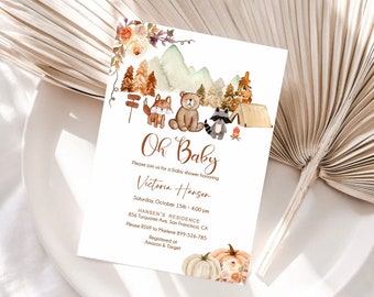 May include: A baby shower invitation with a woodland theme. The invitation features a watercolour illustration of a bear, fox, and raccoon in a forest setting. The text on the invitation reads "Oh Baby" and "Please join us for a baby shower honouring Victoria Hansen".