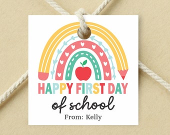 Printable Rainbow Happy First Day of School Gift tag, Editable Teacher Classroom School Tag, Back to school printable tag, Template