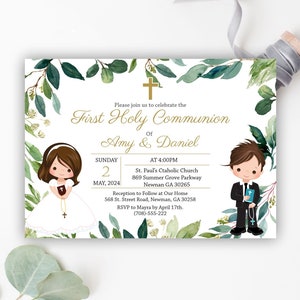 First Communion invitation siblings, communion twins, first communion boy and girl printable invitation, greenery invitation, FC04