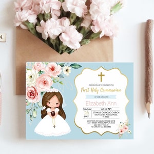 Erste Heilige Kommunion Einladungsvorlage, Mädchen Kommunioneinladung, Printable Einladung, Türkis, Blumen Pfirsich Aquarell, FC01
