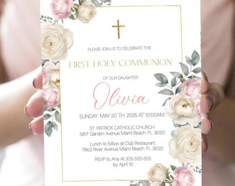 Pink Bow First Holy Communion Invitation Template • INSTANT DOWNLOAD ...