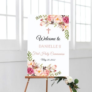 First Holy Communion Sign, Girl First Communion, Printable Welcome Sign, Floral Watercolor, Personalize sign, Communion Poster, FC08