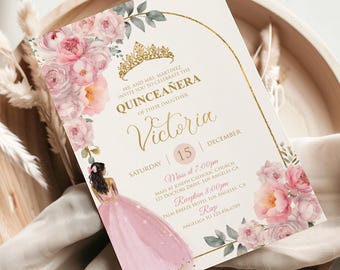 May include: A quinceañera invitation card with a gold frame, floral accents, and a watercolor illustration of a girl in a pink dress. The invitation includes the name "Victoria" and event details.