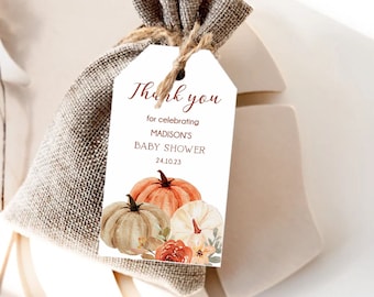 May include: White thank you tag with brown text that reads "Thank you for celebrating MADISON'S BABY SHOWER 24.10.23". The tag features a watercolor illustration of pumpkins and flowers.