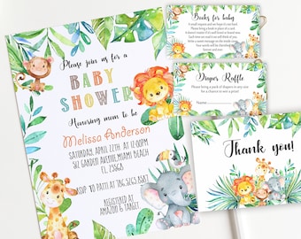 Jungle baby shower invitation, safari Baby Shower gender, neutral tropical Baby Shower, Elephant Giraffe Lion animals printable invitation