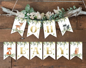 Banner OH BABY Woodland baby shower, woodland animals baby shower, shower decoration, printable banner, instant download