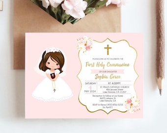 Faire-part première communion fille, faire-part imprimable, aquarelle florale, rose et or, modèle modifiable, FC01