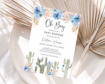 Oh Boy Baby Shower Invitation Template, Desert Baby Shower Invitation, Southwestern Baby shower, Blue Floral Cactus Desert Baby shower