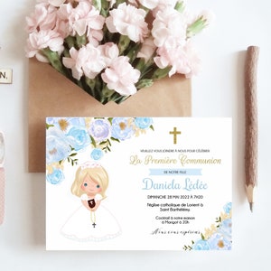 Invitación de primera comunión para niña, invitación imprimible, tarjeta de invitación de comunión, acuarela floral, azul y dorado, FC01