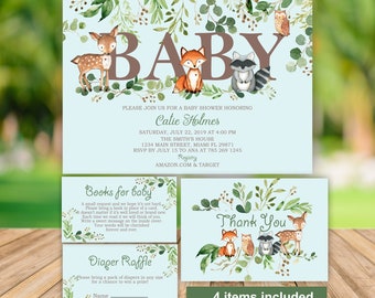 Inbjudan till babyshower med skogsdjur, babyshower för pojkar, utskrivbar inbjudan, inbjudan till skogs, grönska