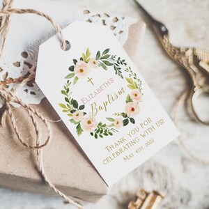 Baptism favor tag, Printable Baptism Tag, Girl Baptism labels, Baptism Favors, Christening Favor Tag, Floral peach watercolor
