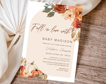 Fall Baby Shower Invitation, Falling in Love Baby Shower Invitation, Autumn Baby Shower, Gender neutral, Pumpkin Baby shower, Editable BF101