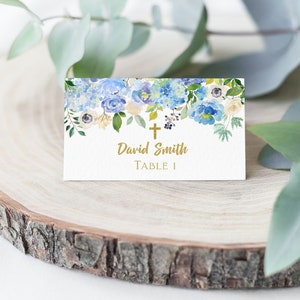 Cartões de lugar Menina Primeira Comunhão, Cartões de lugar para impressão, Modelo editável, Cartões de assento de batismo, Decoração de comunhão, azul floral