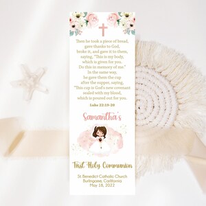 Gil First Communion Bookmark, Printable Bookmark, Communion favors, Floral watercolor, Peach and cream, Editable Template, FC13