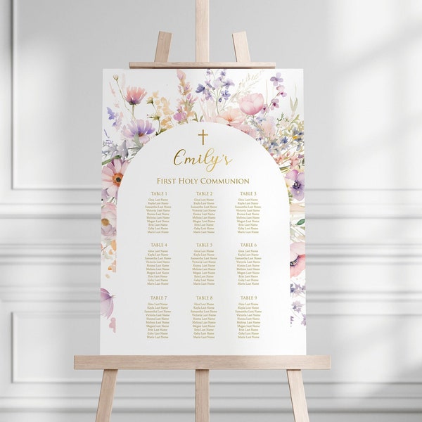 Wildflowers First Holy Communion Seating Chart, Girl First communion Editable Seating Chart, Printable Seating Plan, Instant Download, FC24