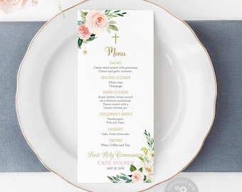 First Holy Communion Menu Editable, Girl First Communion, Siblings Communion, Baptism Menu, Printable menu, Floral Blush watercolor, CT02