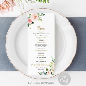 Erstes heiliges Kommunionmenü bearbeitbar, Mädchen Erstkommunion, Geschwister Kommunion, Taufmenü, druckbares Menü, Floral Blush Aquarell, CT02