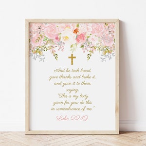 First Holy Communion Bible Verse, Girl Communion Prayer, Communion Decoration, Pink and Gold, Blush Pink, Editable Template, FC18