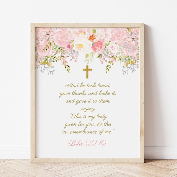 First Holy Communion Bible Verse, Girl Communion Prayer, Communion Decoration, Pink and Gold, Blush Pink, Editable Template, FC18