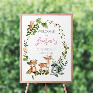 Woodland Baby Shower Welcome Sign, girl baby shower, baby shower sign, woodland baby shower decoration, printable sign, woodland animals