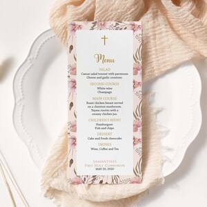 Boho menusjabloon eerste communie, bloemen blush roze meisje menukaart eerste communie, communie voor broers en zussen, doopmenu, afdrukbaar menu