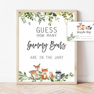 Guess How Many Gummy Bears, Woodland Baby Shower Game, Printable Sign, Gender Neutral, Woodland animals, Instant download